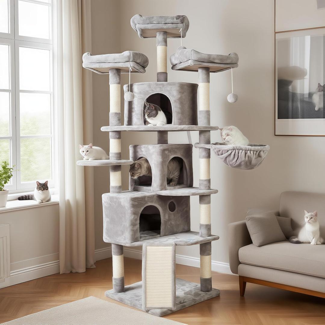 Hey-brother XL Size Cat Tree, 73.4 inch Cat Tower with 3 Caves, 3 Cozy Perches, Scratching Posts, Board, Activity Center Stable for Kitten/Gig Cat, Light Gray 