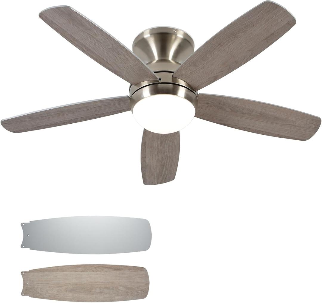 Teracfan Nickel Flush Mount Ceiling Fans with Lights 52 Inch, Low Profile Ceiling Fans with Remote,Small Ceiling Fan with Wood Blades for Bedroom/Living Room/Dining Room,Reversible,Dimmable
