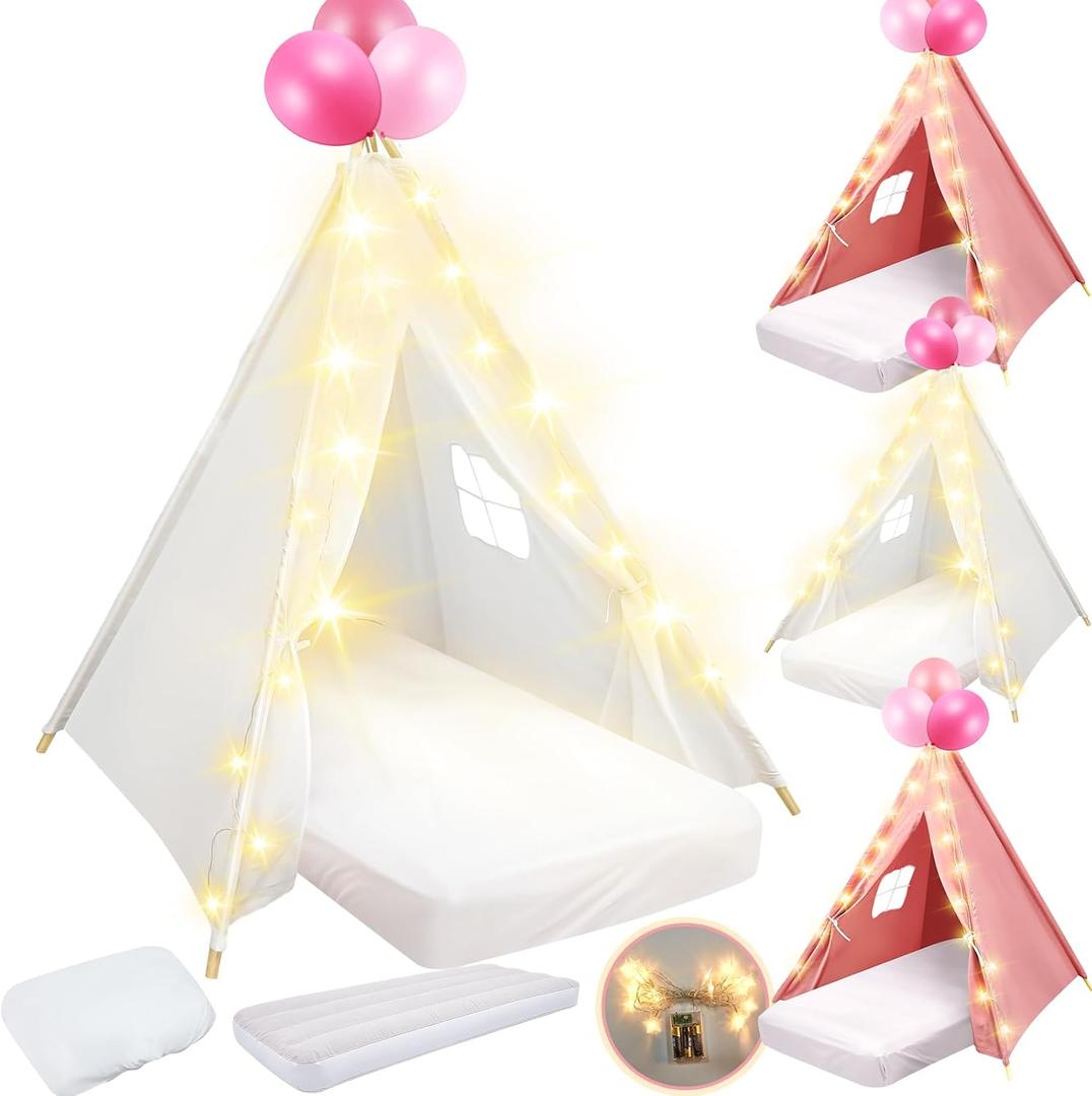 4 Pack Teepee Tent for Kids Slumber Party with Mattress,Fitted Sheet,Light String,Natural Cotton Washable Sleepover Tents for Girls Party Birthday Slumber Movie Night Supplies (Pink White)