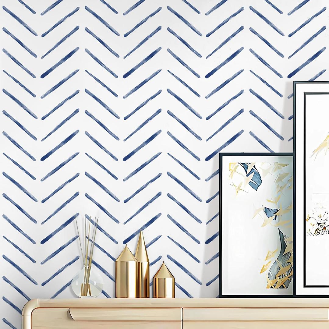 Rugreat Herringbone Peel and Stick Wallpaper Modern Stripe Contact Paper for Cabinets Neutral Self Adhesive Removable Wallpaper for Bedroom Bathroom Waterproof Blue and White 393 inL 17.3inW