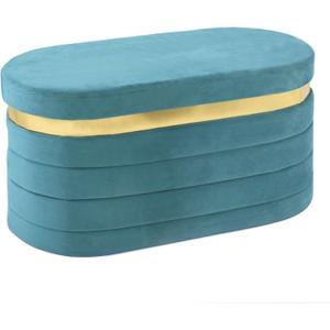 30.7 Inches Oval Ottoman Bench with Storage, Velvet Folding Footrest Ottoman, Soft Seat Cushion for Living Room, Entryway, Bedroom, Blue, 30.7"D x 15"W x 15"H