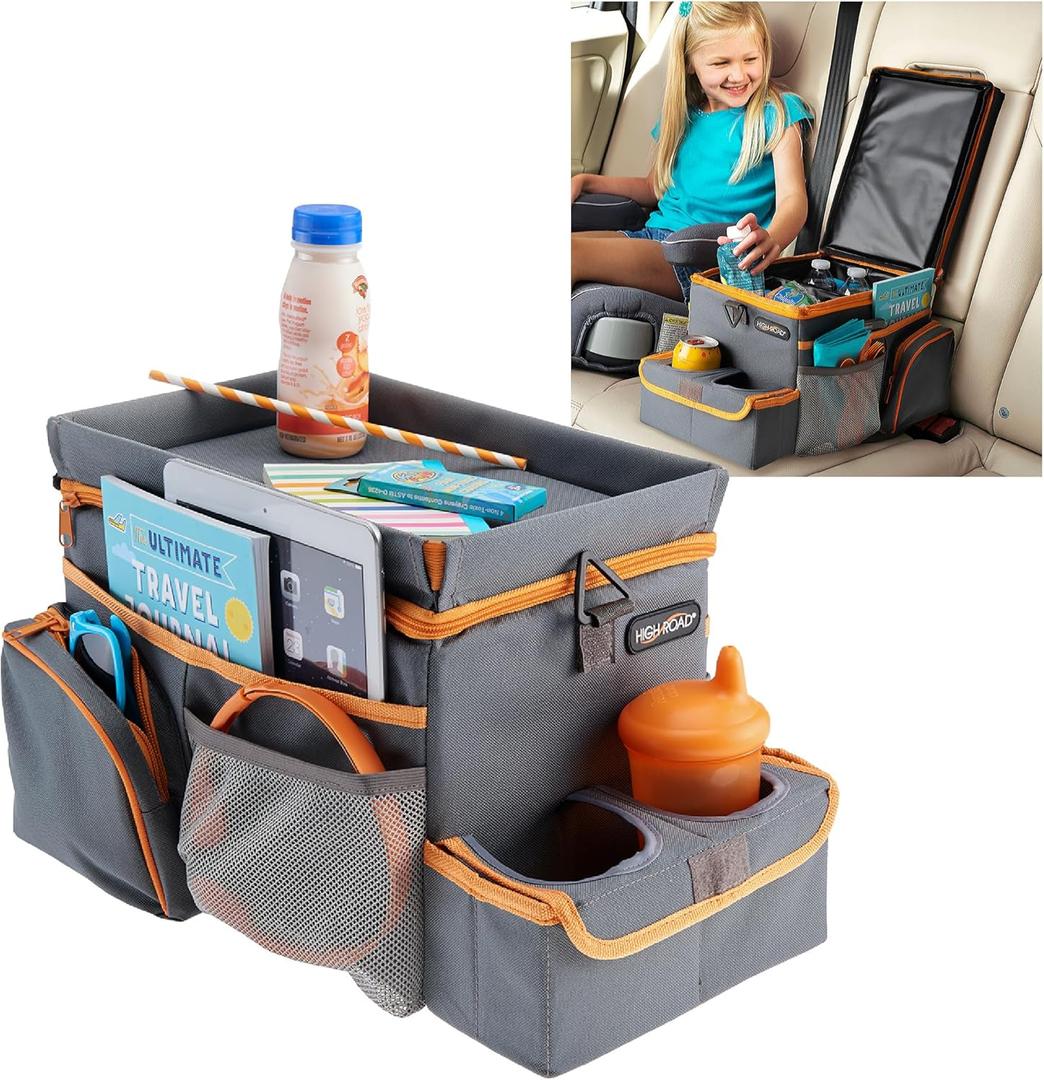 High Road CarHop Car Organizer for Kids and Passenger Seat Organizer for Adults - Road Trip Cooler with Car Cup Holder Tray and 6 Organization and Storage Pockets (Gray)