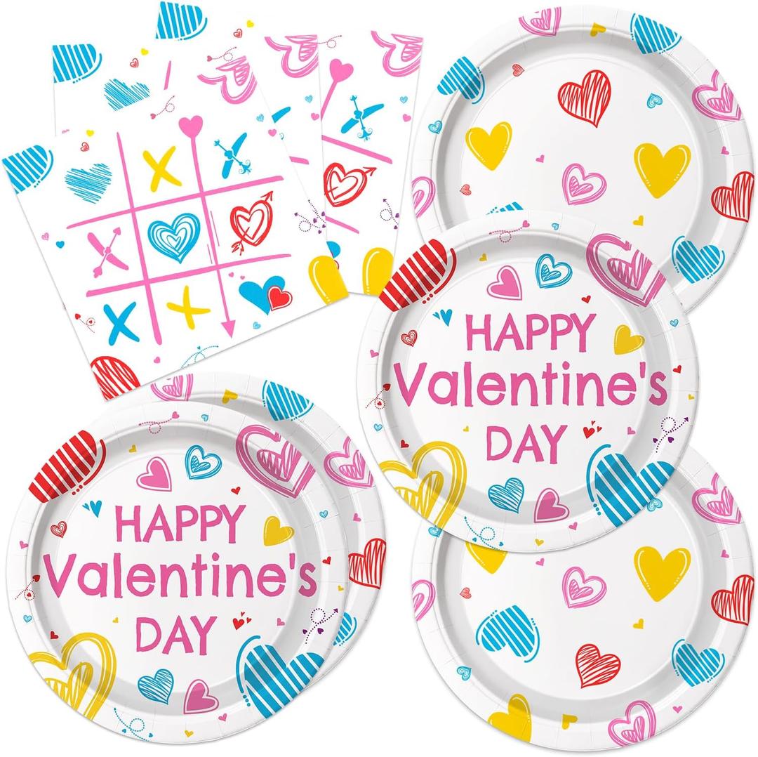 48pcs Valentine's Day Party Decoration,include 20 Dessert Plate And 20 Napkin,Party Plate Napkin Set,Used for Valentine's Day Party Supplies (Pink White)
