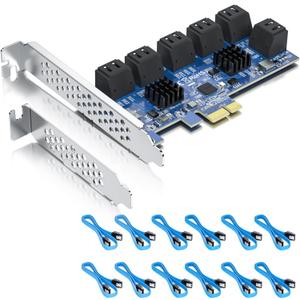 12 Port PCIe SATA Card, SATA3.0 Expansion Card, X1, with 12 SATA Cable, Support SSD and HDD