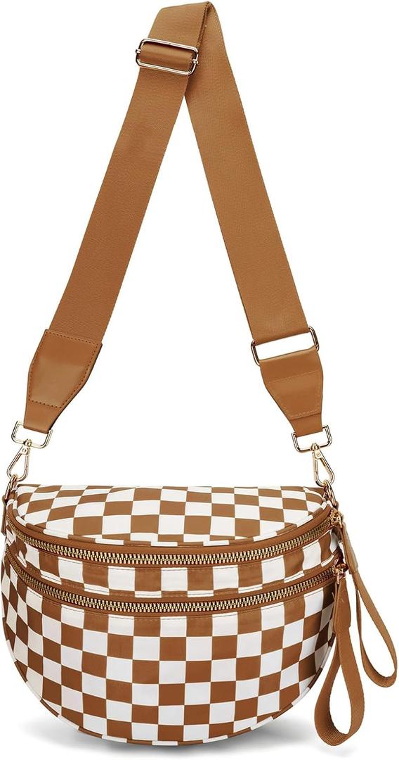 Checkered Crossbody Bag Nylon Bum Bags for Women Spacious Handbags Checkered Purse Fanny Packs with Shoulder Strap (Light Brown Checkered)