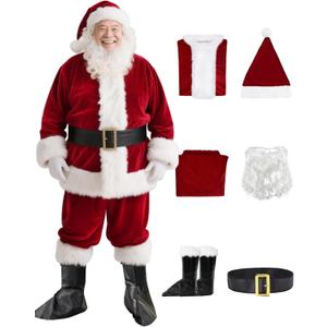 Santa Claus Costume for Men Adult - Deluxe 9pc Santa Suit, Velvet Santa Outfit Set for Holiday Parties & Festive Events (Crimson-6pcs)