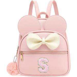 PRLINJSK Initial Mini Backpack for Girls Toddler Kids, Small Mouse Personalized Bowknot Purse Gift (Pink S)