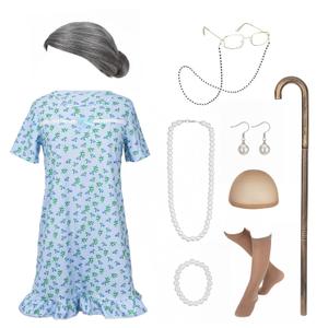 100 Days of School Outfit Old Lady Costume Halloween Granny Dress Wig Accessories (Medium, Gray)