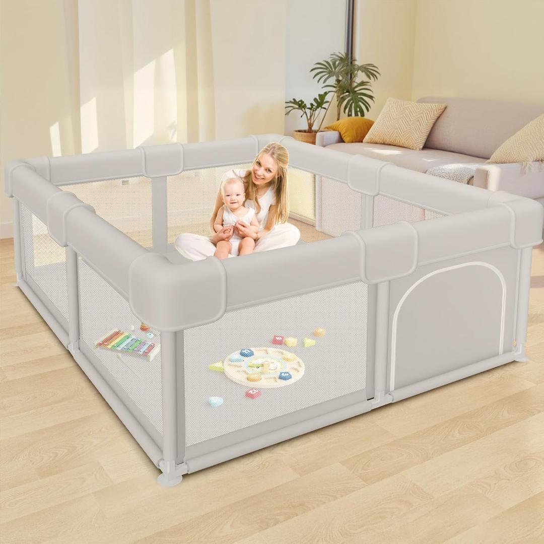 Besuhot Baby Playpen Baby Playard, Play Pen for Babies and Toddlers with Gate, 50x50 Fence, Sturdy Safety Playpen, Indoor & Outdoor Kids Activity Center (50x50x27 in + NO MAT, Grey)
