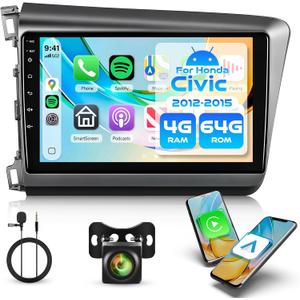 Rimoody 4G+64G Android Car Stereo for Honda Civic 2012-2015 with Wireless Carplay Android Auto Radio, 9'' Touchscreen Head Unit with GPS Navigation Bluetooth5.0 5G-WiFi FM/RDS 32EQ Backup Camera SWC