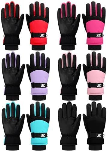 Bencailor 6 Pairs Mens Winter Snow Gloves Women Warm Waterproof Ski Mittens Adjustable for Adult Cold Weather(Light Purple, Blue Green, Light Pink, Rose Red, Red, Black, M)
