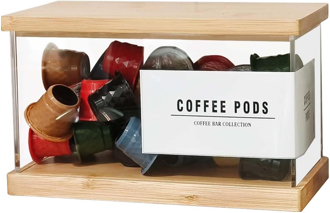 Coffee Pod Holder Laundry Pods Container, Acrylic Dishwasher Pod Container with Bamboo Lid and Extra Labels, Candy Dispenser for Coffee Bar Kitchen Countertop