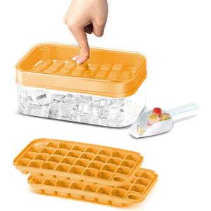 Ice Cube Tray with Lid & Storage Bin, Ice Cube Maker Mold for Freezer with Container, Mini Ice Cube Tray Makes 60 Cube Ice at Once for Cocktail Whiskey Tea Coffee (Orange)