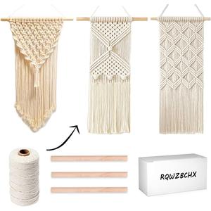 RQWZBCHX DIY Macrame Wall Hanging Kits, 3 Patterns Macrame DIY Wall Hangers for Beginners, Home Decor with 200 Meters Macrame Cord, 3 PCS Wooden Dowels and Instruction Booklet for Macrame Starters