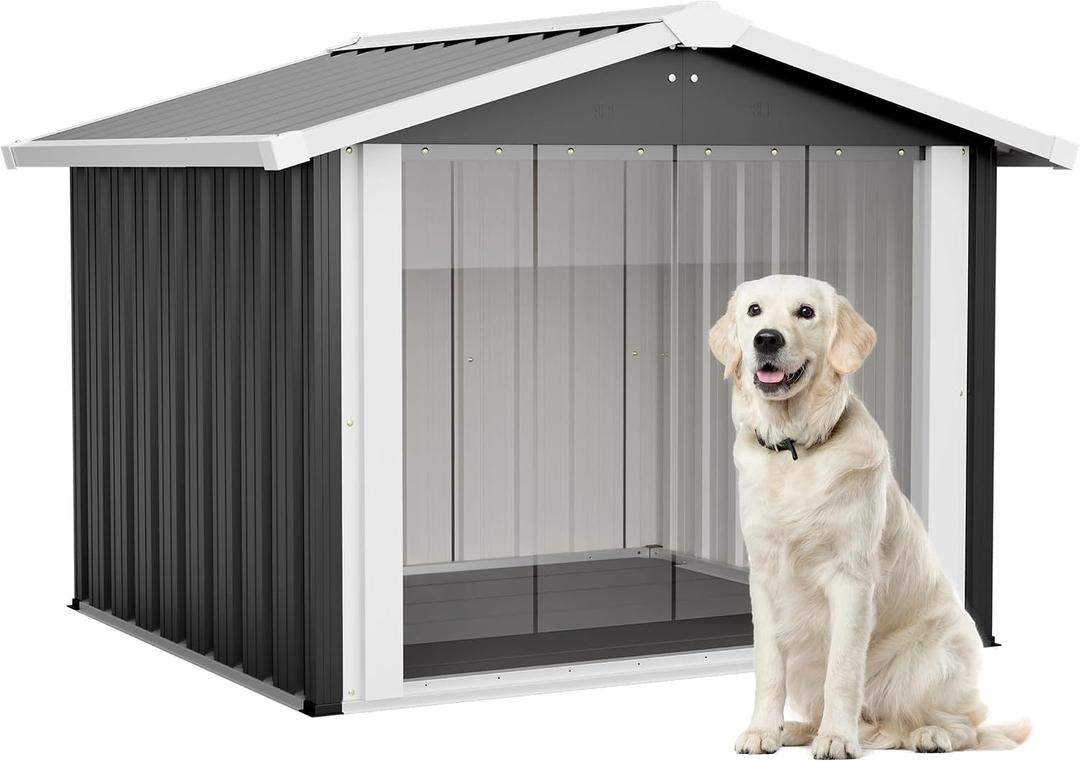 Metal Dog House for Large Dogs, Durable Waterproof Dog Kennel with Steel Frame, Removable Floor, Easy to Assemble(Grey, 35.8''L×39.7''W×33.3''H)