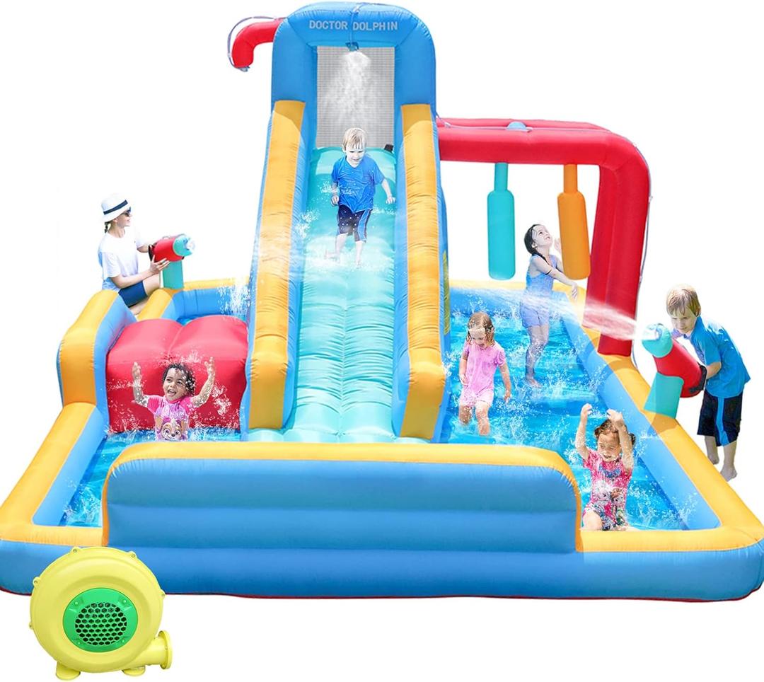 Doctor Dolphin Inflatable Water Slides, Water Bounce House with Waterslide for Kids, Blow Up Water Park Backyard, Water Slides Outdoor for Wet and Dry(550W Blower Included)