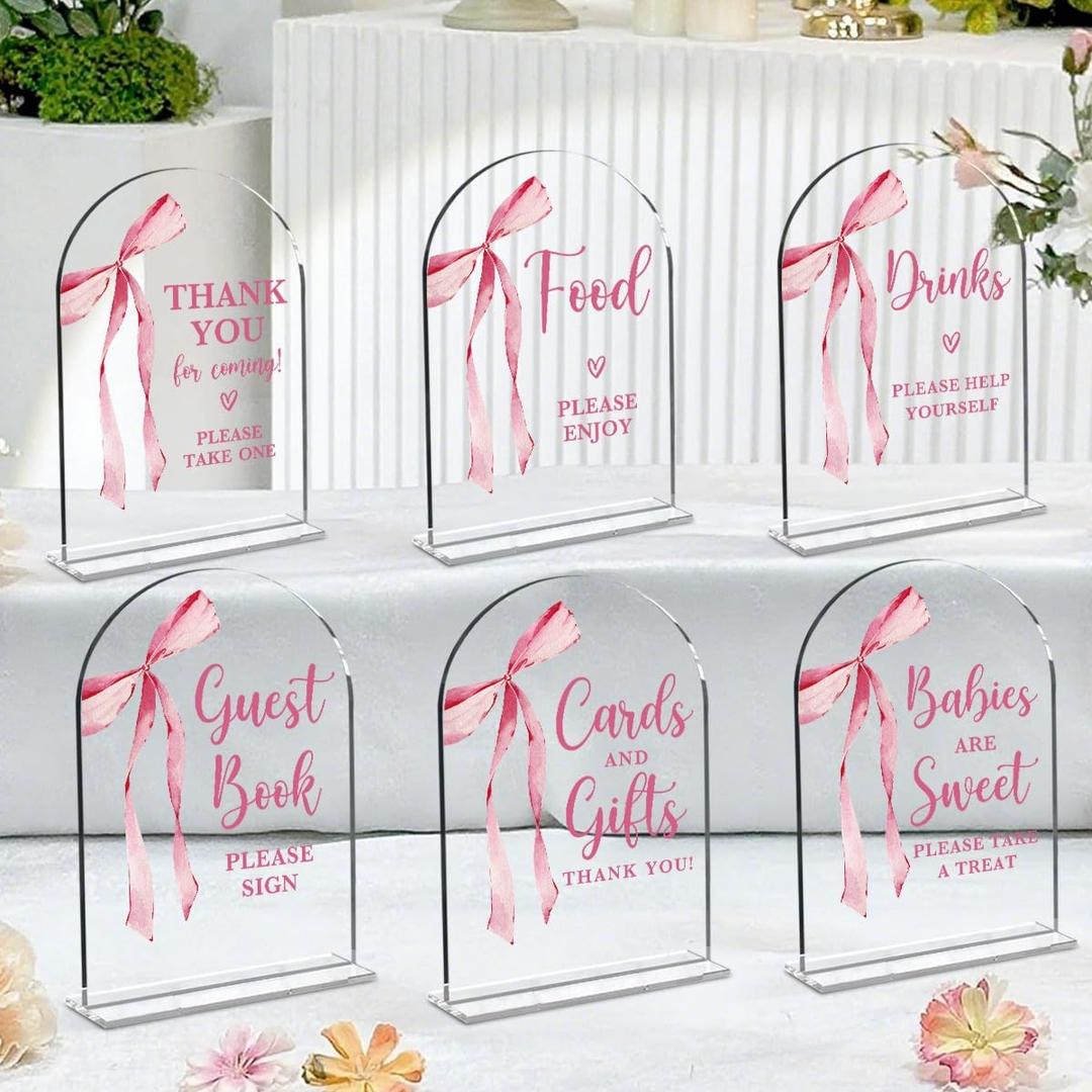 6 Pcs Pink Bow Baby in Bloom Shower Decorations, Baby Shower Sign, Newborn Gifts, Cards and Gifts Signs, Modern Arched Acrylic Table Top Signs With Stand for Birthday Party Decorations (Clear)