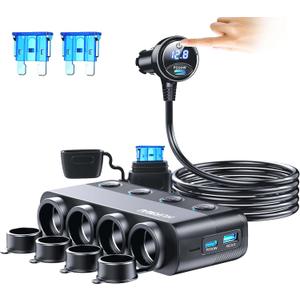 Cigarette Lighter Splitter Adapter 216W 4 Socket Heavy Duty Truck Car USB Chager Multi Port with PD30W/QC3.0 Charge USB C 12V/24V Independent Switches & Dust Cover & Waterproof for Car Devices