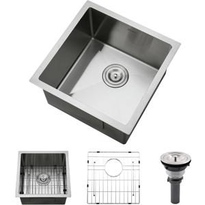 PEPO 17x17 Inch Undermount Bar Sink, 16 Gauge Stainless Steel Small Kitchen Sink，Handmade Single Bowl With Strainer And Rinse Grid, For Wet Bar RV Prep Outdoor Kitchen (Brushed), 17x17x10inch