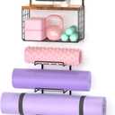 Yoga Mat Holder Wall Mount, Yoga Accessory Mats Storage Rack, Home Gym Accessories Organizer Storage With Wood Floating Shelves, Storage Basket and 4 Hook For Hanging Yoga Strap & Resistance Bands (Black)