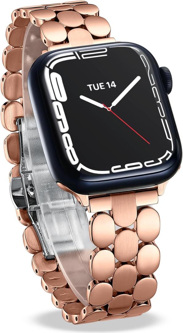 Designer Band for Apple Watch 40mm 41mm 42mm 38mm 44mm 45mm 46mm 49mm for Women, Stainless Steel Dressy Bands Compatible with Apple Watch Series 11,10,Se,9,8,7,6,5,4,3,2,1 for iWatch (Rose Gold - Shiny&Brushed)