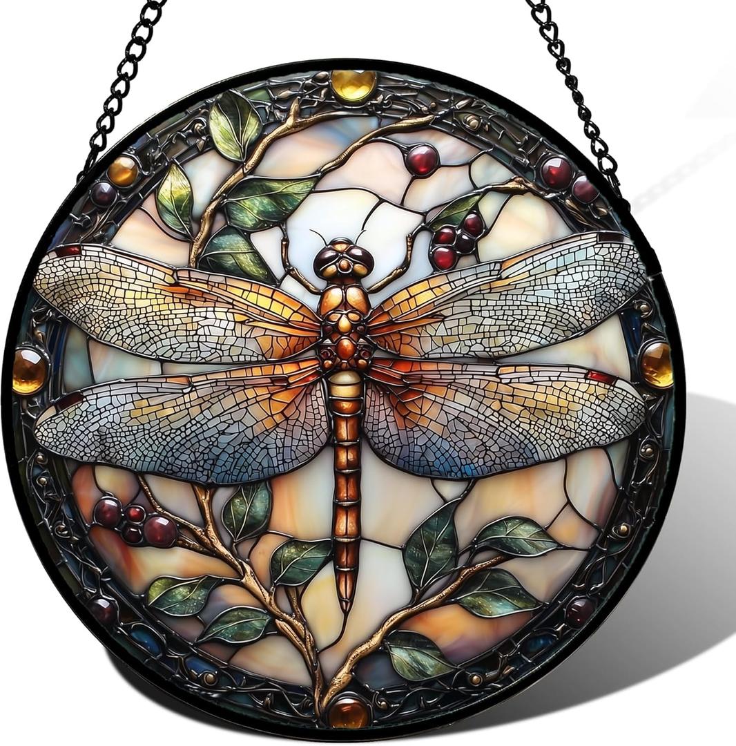 Stained Glass Window Hanging - Dragonfly Plant Suncatcher Ready to Hang Window Doors Home Decoration, Christmas, Mother's Day Birthday Gifts for Women, Men, and Mom 14.9x14.9 in (Brown)