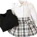 ChuYuKu Baby Girl Clothes Fall Winter Outfits Puff Sleeve Shirt Tartan Pleated Skirt Cute Vest Set Toddler Girl Dress Holiday, Size 3-4T