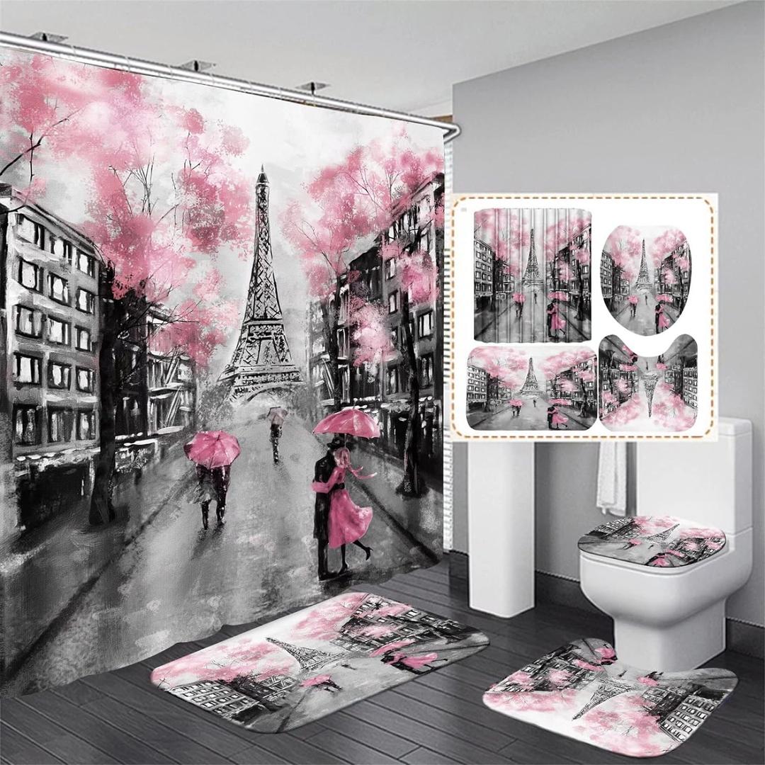 Chrainy 4Pcs Paris Eiffel Tower Pink Shower Curtain Sets Bathroom Set Decor with Non-Slip Rugs Bath U-Shaped Mat Toilet Lid Cover Waterproof Valentine Bathroom Curtains Shower Set with 12 Hooks