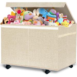 VERONLY Large Kids Toy Box Storage Chest with 360Wheels,Toy Box with Lid for Boys, Girls,Collapsible Sturdy Toy Storage Bins Containers for Stuffed Animals, Clothes, Bedroom, Nursery, Playroom -Beige