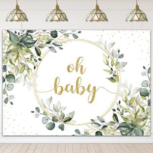 Mocsicka Greenery Baby Shower Backdrop Gold Oh Baby Background Green Eucalyptus Baby Shower Party Cake Table Decoration Banner Photo Booth Props (7x5ft)