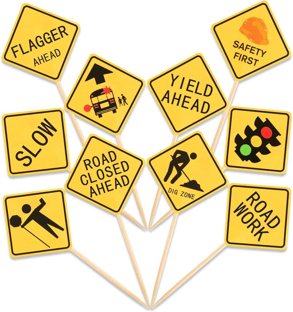 Outus 100 Pieces Construction Cupcake Topper Road Sign Birthday Cake Toppers Construction Theme Cupcake Toppers Cake Decorations Road Sign Picks for Birthday Party Supplies