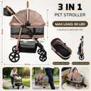 Pet Stroller for Small/Medium Dogs & Cats Up to 50 lbs, 3-in-1 Foldable Stroller w/Detachable Carrier & Car Seat, Removable All-Season Liner, Sunshade, Storage Basket & Cup Holder, All-Terrain, Khaki