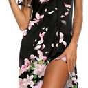 Ekouaer Women's Nightshirt Short Sleeve Button Down Nightgown V-Neck Sleepwear Pajama Dress (Black With Pink Flower), S
