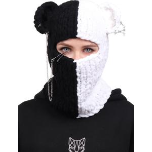 DAZCOS Knitted Balaclava Hat Beanies Devil Horn Head Mask Full Face Cover Ski Mask for Women and Men (One Size, White+black2)