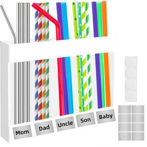 Acrylic Straw Holder for Cabinet, White Reusable Straw Organizer with Double Sided Adhesive Tape and Stickers, Straws Storage Container for Cabinet Door Kitchen Counter Cupboard Fridge