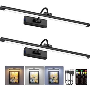 2 Pack Light for Pictures on Wall Black 8000mAh - 24" Cordless Battery Powered Wall Mount Sconce with Dimmable Remote for Oversized Artwork & Gallery