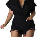 Denim Rompers for Women Sexy Short Sleeve Bodycon Short Pants Jeans Jumpsuits with Belt Pockets Botton Down(XX-Large)