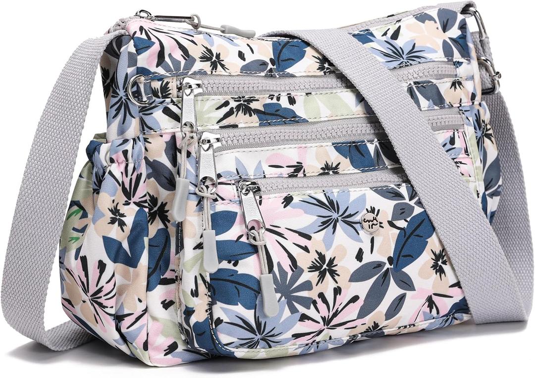 AOCINA Crossbody Bags for Women Multi Pocket Nylon Lightweight Ladies Purses Messenger Shoulder Handbags Satchel Travel Bag (Large, Gray Leaves)