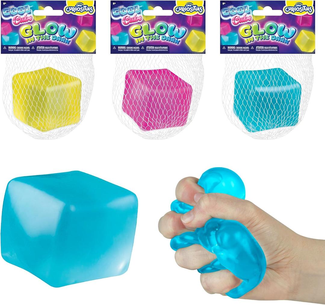 ORB Curiosities Cool Cubes Glow in The Dark Stress Cube Toys 3 Pack - Fun, Glowing, Slow Rising Squishy Cube Toys - Fidget and Sensory Cubes for Kids and Adults - Squeeze At Home, Desk, or Classroom