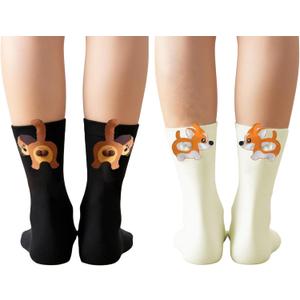 Adorable Dog Ball Socks with 3D Fuzzy Balls - 2 Pairs of Cotton Personality Crew Socks for Women, Featuring Dachshund and Corgi Designs, Excellent Gift for Dog Lovers