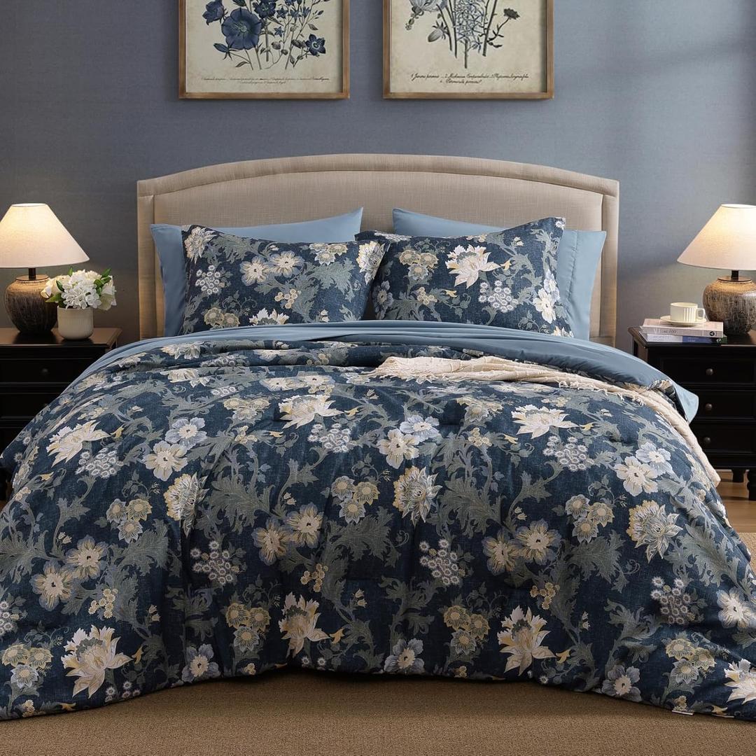 Queen Comforter Set -7 Pieces Floral Navy Blue Comforter Set for All Seasons, Bed in a Bag Queen with Botanical Flowers Comforter, Sheets, Pillowcases & Shams