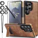for Galaxy S25 Ultra Leather Case, Built-in Foldable Alloy Stand, with Camera Lens and Screen Protector, Slim Shockproof Kickstand Phone Cover 2025 (Brown)