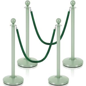 Ferraycle 4 Pcs Stainless Steel Stanchions Post Queue 38 Inch, 5 ft Velvet Carpet Ropes and Pole, Control Barriers for Wedding Birthday Party Decoration Sand Injection Hollow Base Set (Green)