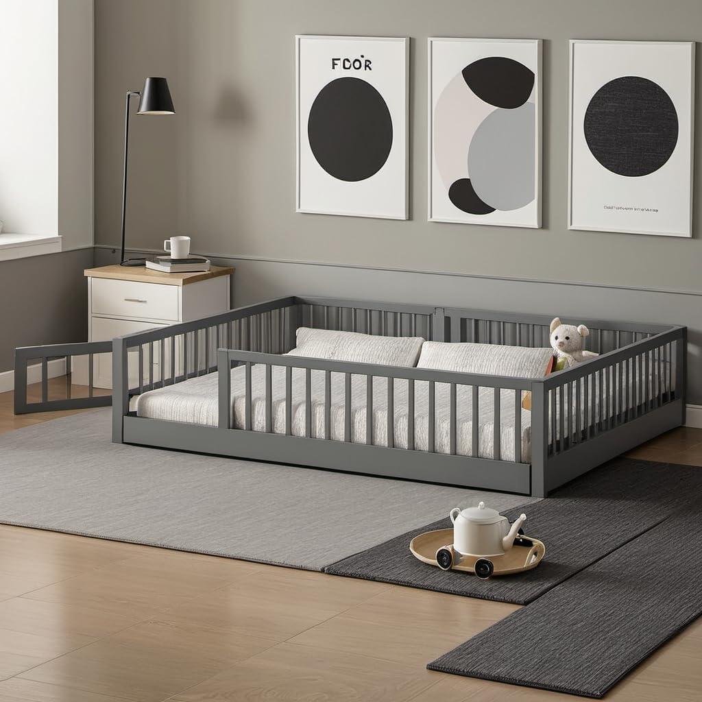 Full Size Montessori Floor Bed Frame with Convertible Door & Wood Slats for Kids,Wood Montessori Bed with Safety Guardrails for Girls & Boys, Grey