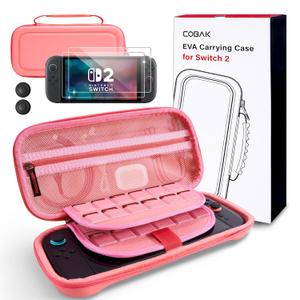 CoBak Large Capacity Carrying Case for Nintendo Switch 2 (2025) - 3 in 1 Accessories Bundle with 2 Screen Protectors, Thumb Grip Caps, 24 Game Cartridges, Hard Shell Portable Travel Pouch, Pink (7.9 inch)