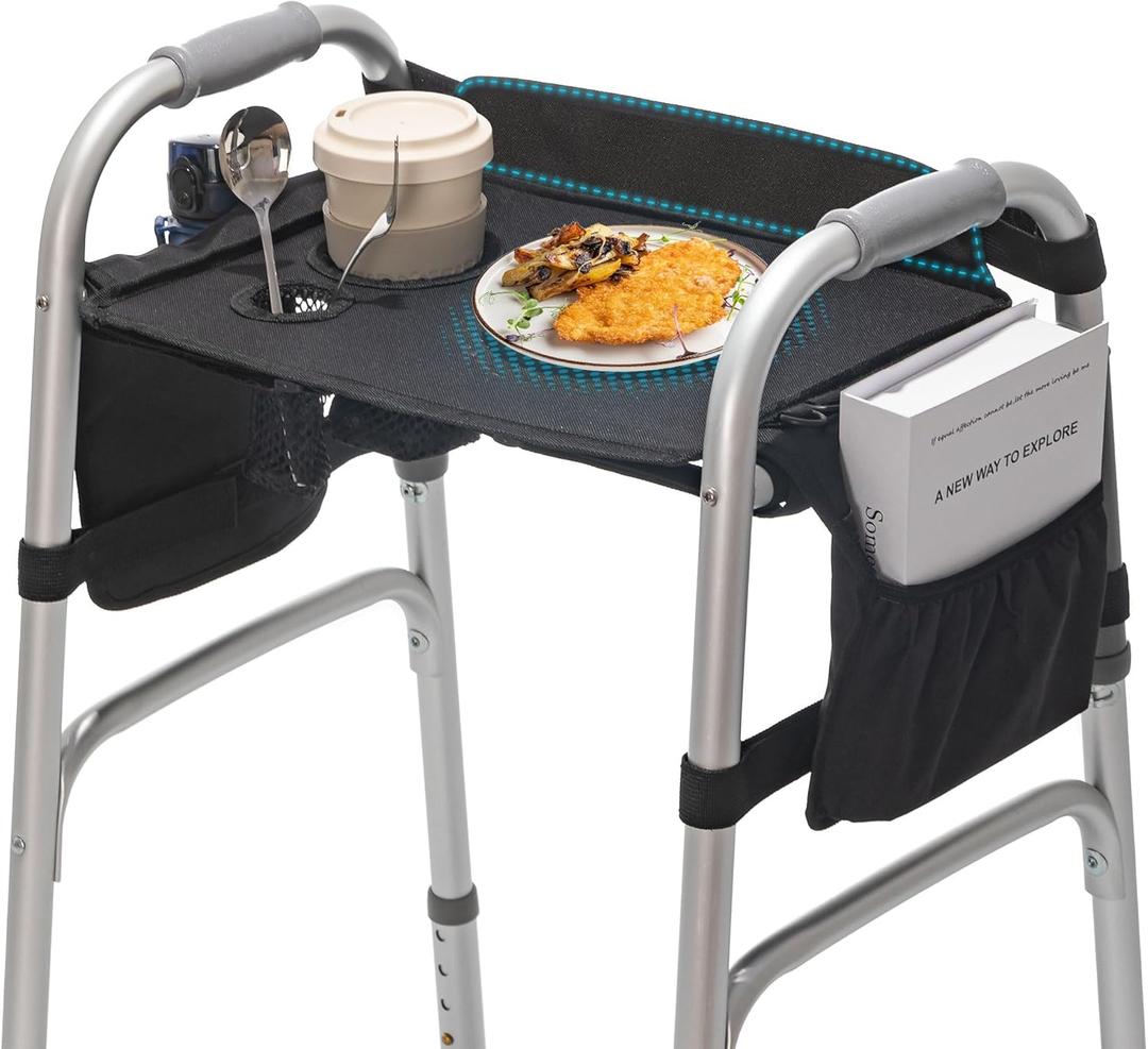 Tray for Walkers for Seniors with Cup Holder - Walker Accessories【w/ Pockets, Cup Holder & Non Slip Mat for Food】Mobility Trays Fits Most Standard Folding Walkers, Easy & Removable Assembly