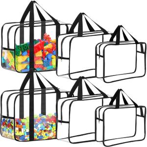 6 Packs Toy Storage Bags with Labels, Reusable Clear PVC Board Game Storage, Travel Waterproof Organizer Bags with Zipper Large Capacity (L, XL, XXL), Black