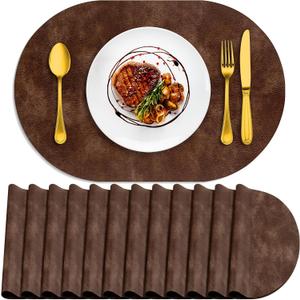 ADRIMER Placemats, Heat Resistant Oval Placemats Set of 12 Washable 12 x 17 Inch, Waterproof Table Mats, Wipeable Pu Place Mats for Kitchen, Dining Room, Brown, 12Pcs, 12" x 17"