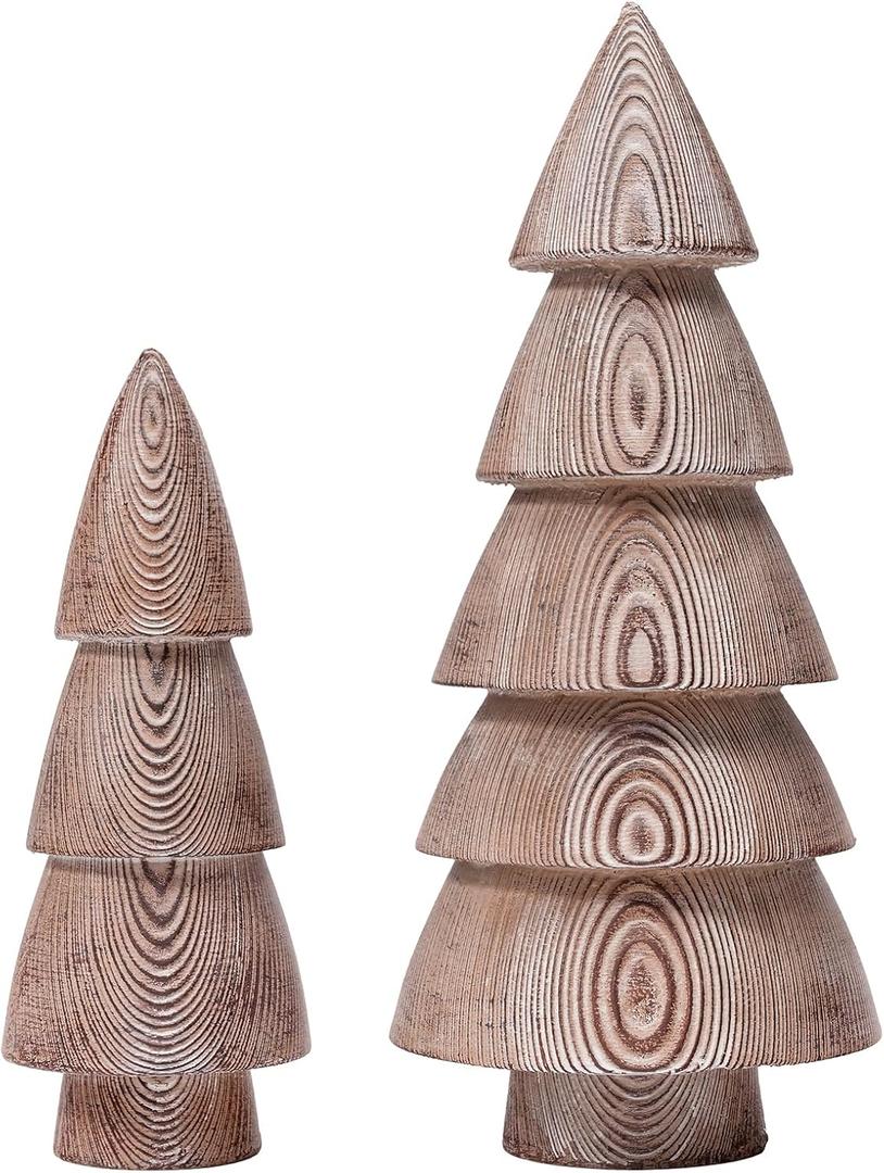 DN DECONATION Cone Christmas Tree Figurines, 2-Pack Rustic Tabletop Xmas Trees, Wood-Like Resin Natural Walnut-Finish Pine Decor for Mantel, Desk, Shelves Holiday Centerpieces (Set of 2)