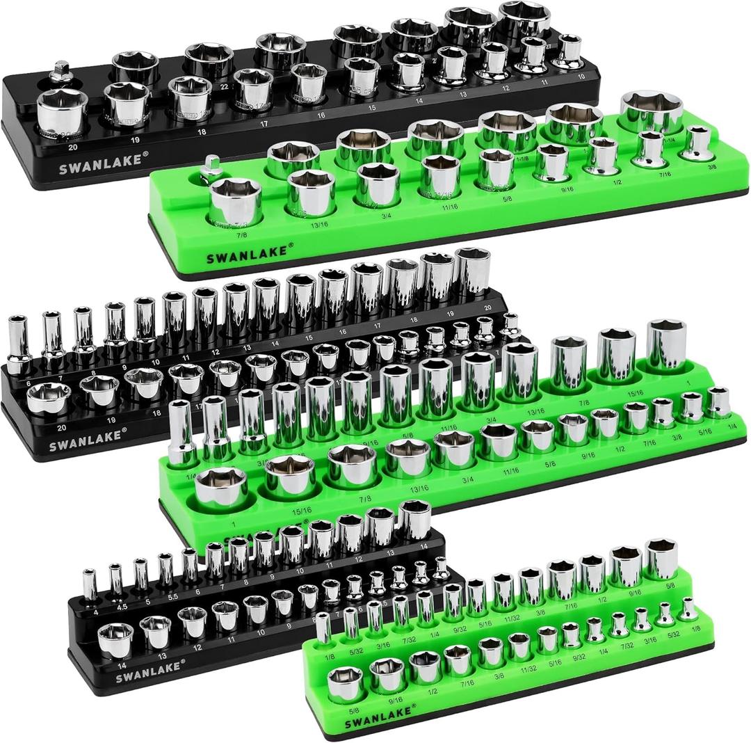 Magnetic Socket Organizer Set, 6-piece 1/4", 3/8", 1/2" SAE & Metric Sockets Holder, Drive Socket Trays, Storage Tool Box, Holding 143 Slots, Soft Rubber Covering Black Green Tools